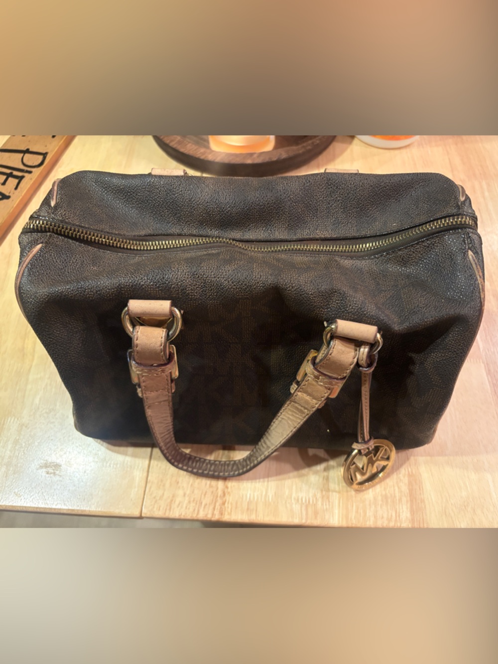 Michael Kors Brown Logo Toiletry Bag with Tan Accents